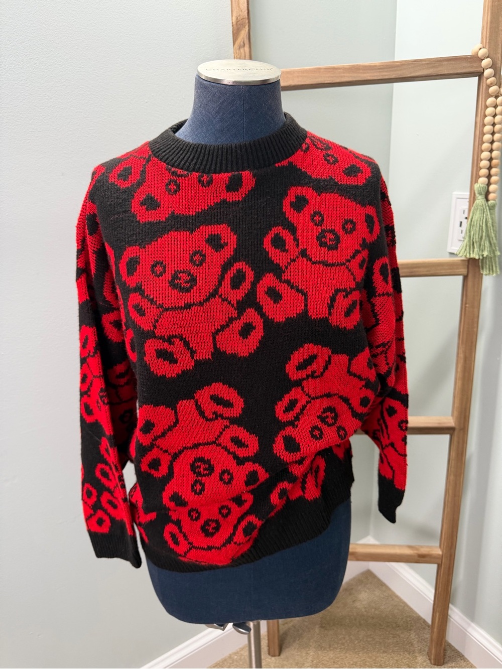 Vintage 80's Black Red Teddy Bear Knit Sweater Size Women's Medium
